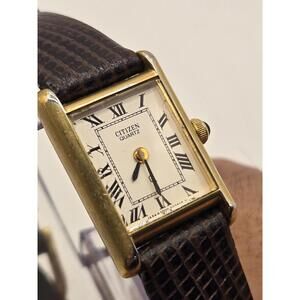 Citizen Women's Gold Tone Rectangular Watch with Brown Leather Strap